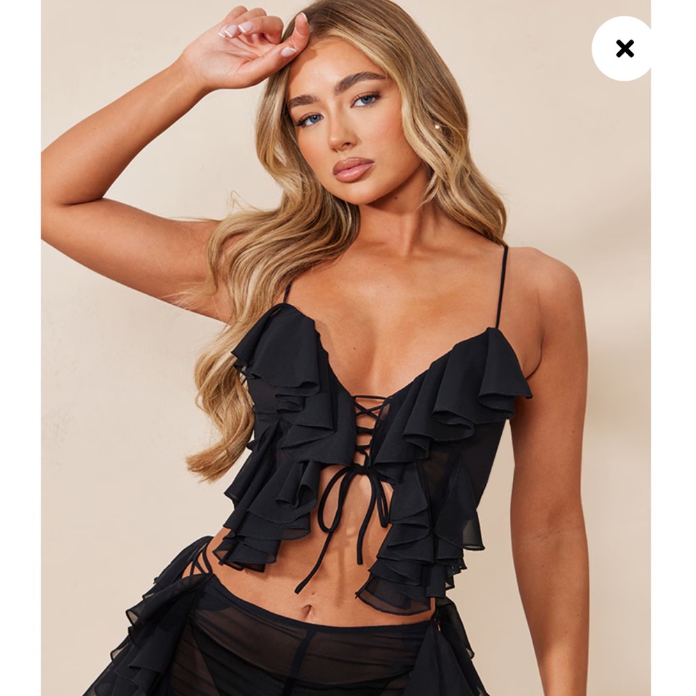 Pretty Little Thing black Sheer Chiffon Tiered Ruffle Tie Front Cami